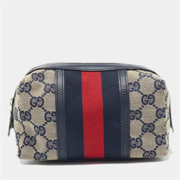 Gucci Beige/Blue GG Canvas and Leather Web Cosmetic Pouch - Picture 2 of 9